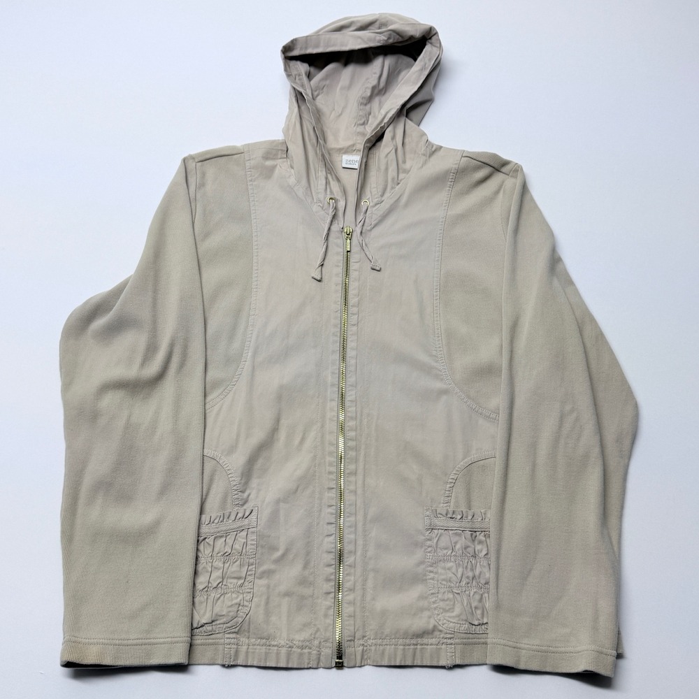 Zenergy by Chico's Womens Taupe Beige Mixed Media Full Zip Hoodie Size 3 XL